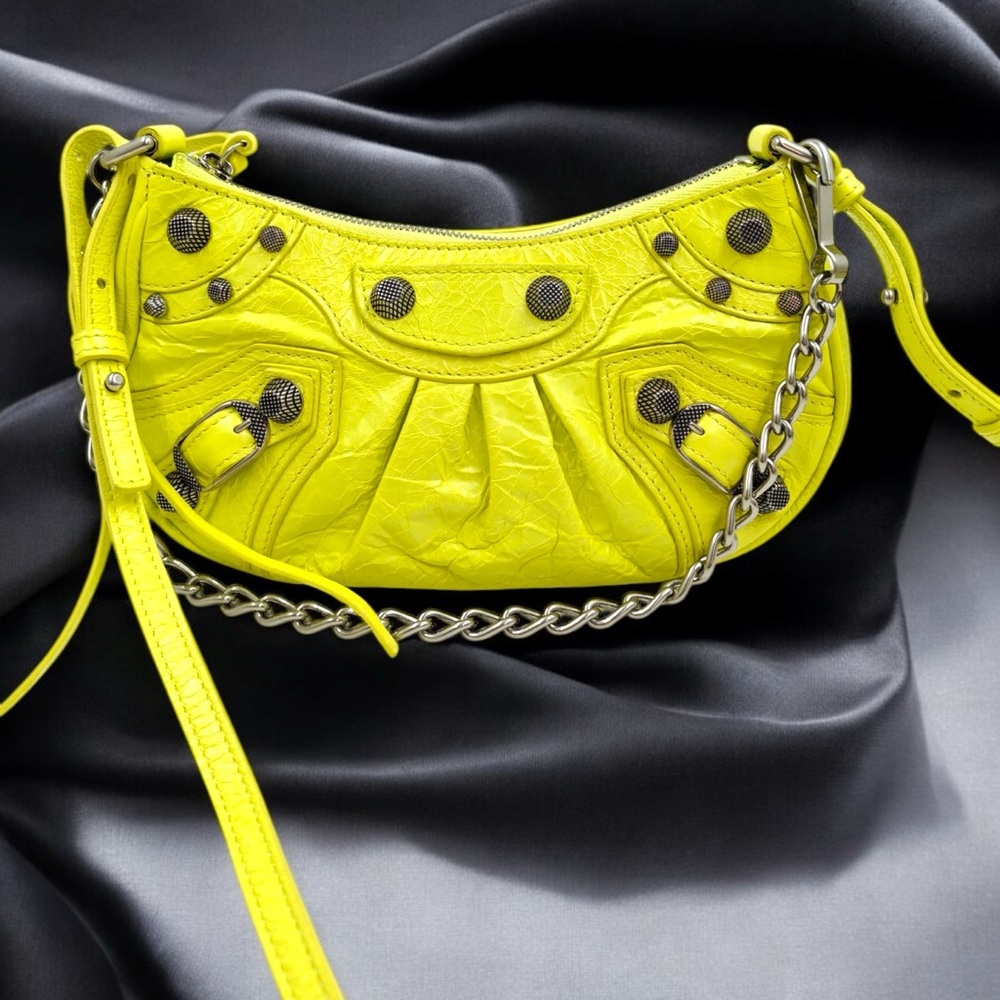 Authentic Balenciaga 2022 hot edition Fluo yellow le Cagole mini leather bag